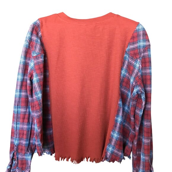 Reworked Flannel Shirt, M-L: Upcycled Oversized Rust Waffle Knit Top, Fringy Hem - Picture 2 of 13